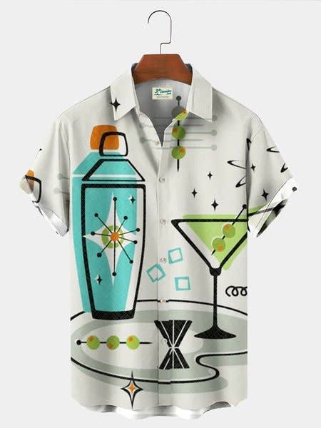 Herrskjorta med kort ärm och vintagecocktailmotiv